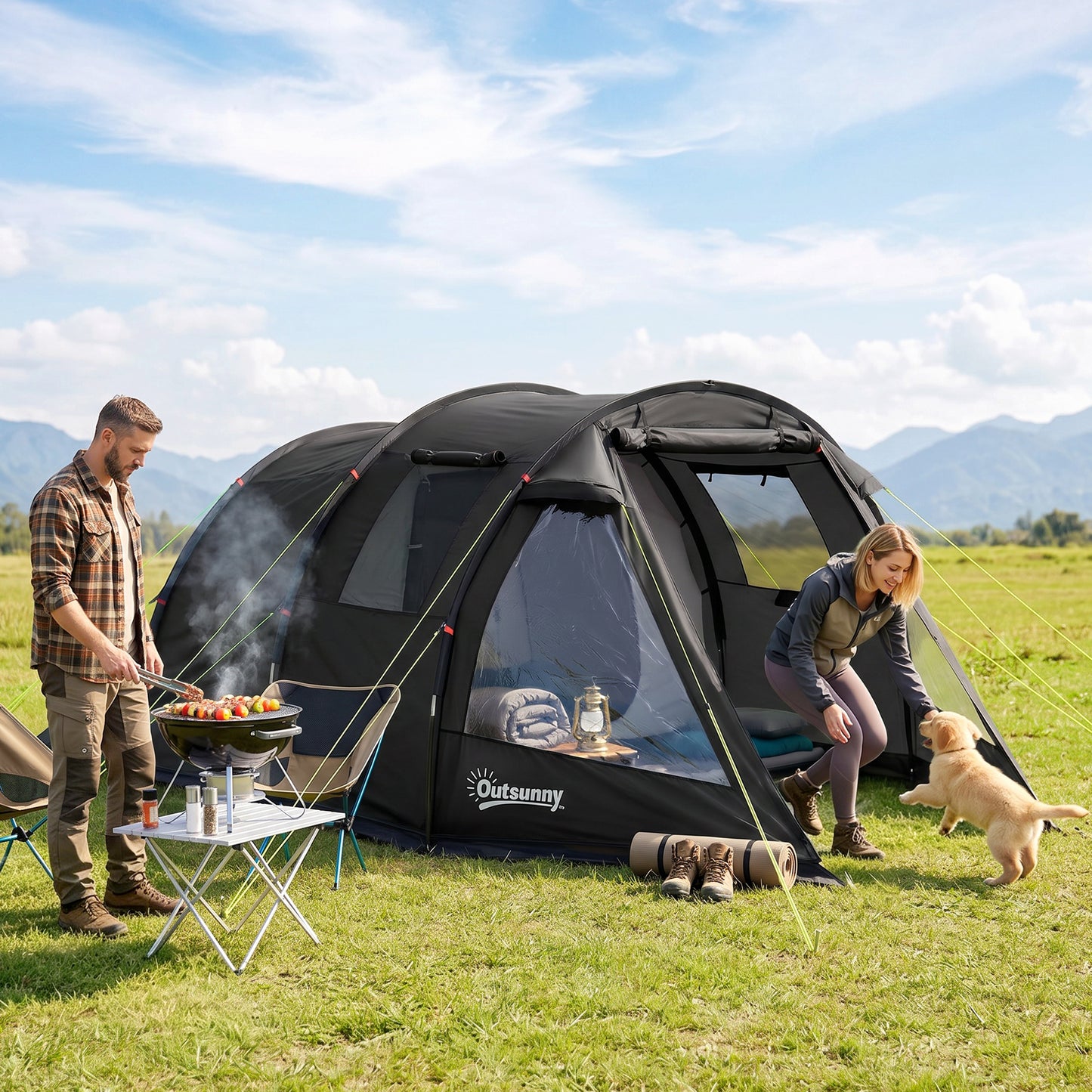 3 Man Tunnel Tent, Two Room Large Camping Tent with Windows, Portable Carry Bag, for Fishing, Hiking, Sports, Festival