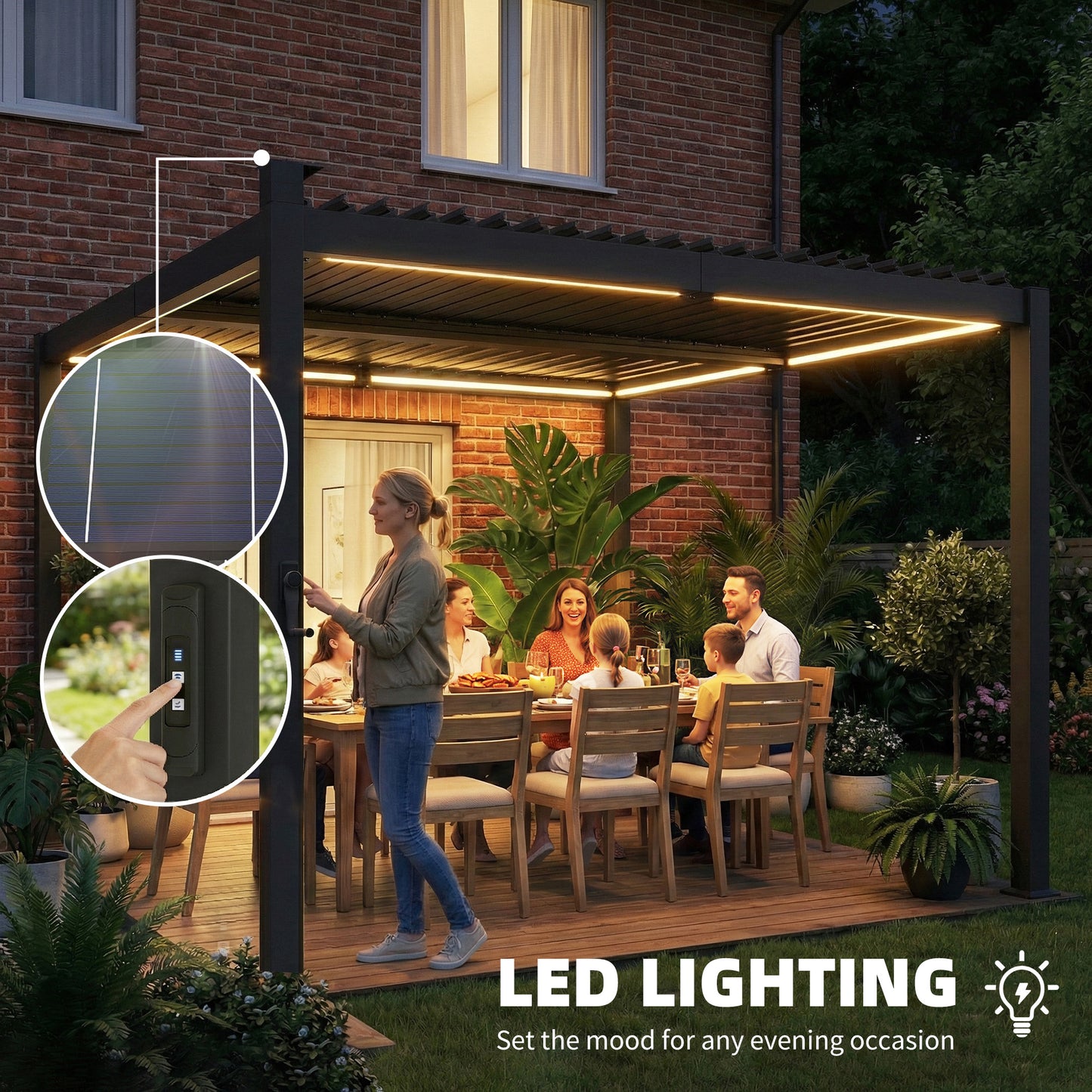 3 x 3 m Louvered Pergola with Solar LED lights, Metal Roof, Patio Gazebo Pergola Canopy with Drainage Gutters, Black