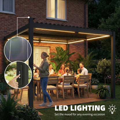 3 x 3 m Louvered Pergola with Solar LED lights, Metal Roof, Patio Gazebo Pergola Canopy with Drainage Gutters, Black
