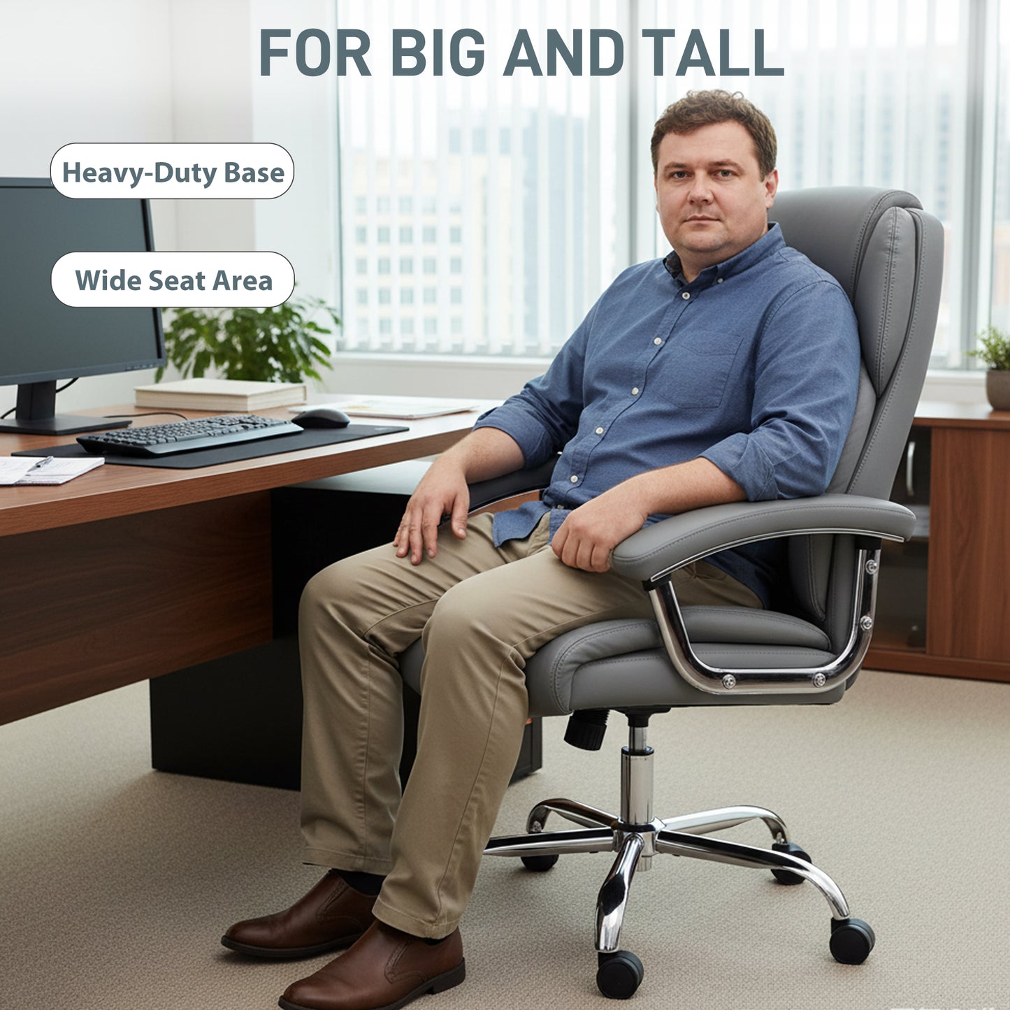 Big and Tall Office Chair 180kg with Spring Cushion, PU Leather - Grey