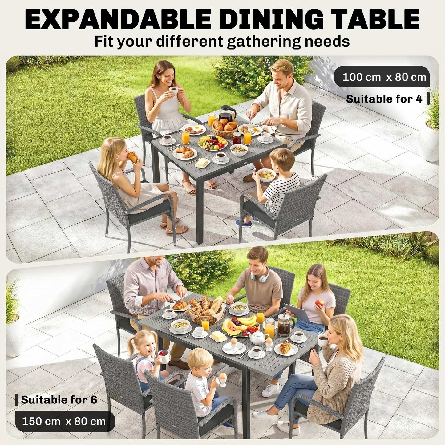 7 Piece Rattan Garden Furniture Set, 6 Seater Garden Table and 6 Stackable Chairs with Extendable Acacia Wood Tabletop