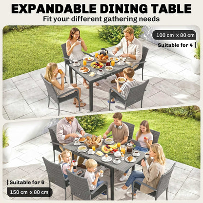 7 Piece Rattan Garden Furniture Set, 6 Seater Garden Table and 6 Stackable Chairs with Extendable Acacia Wood Tabletop