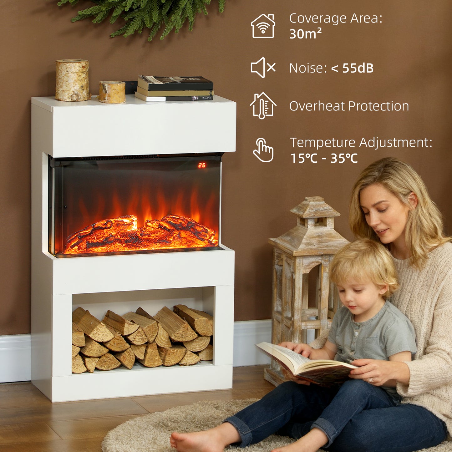 19" Electric Fireplace with Surround, 3D Flame Effect, 6 Colours & 3 Brightness Levels