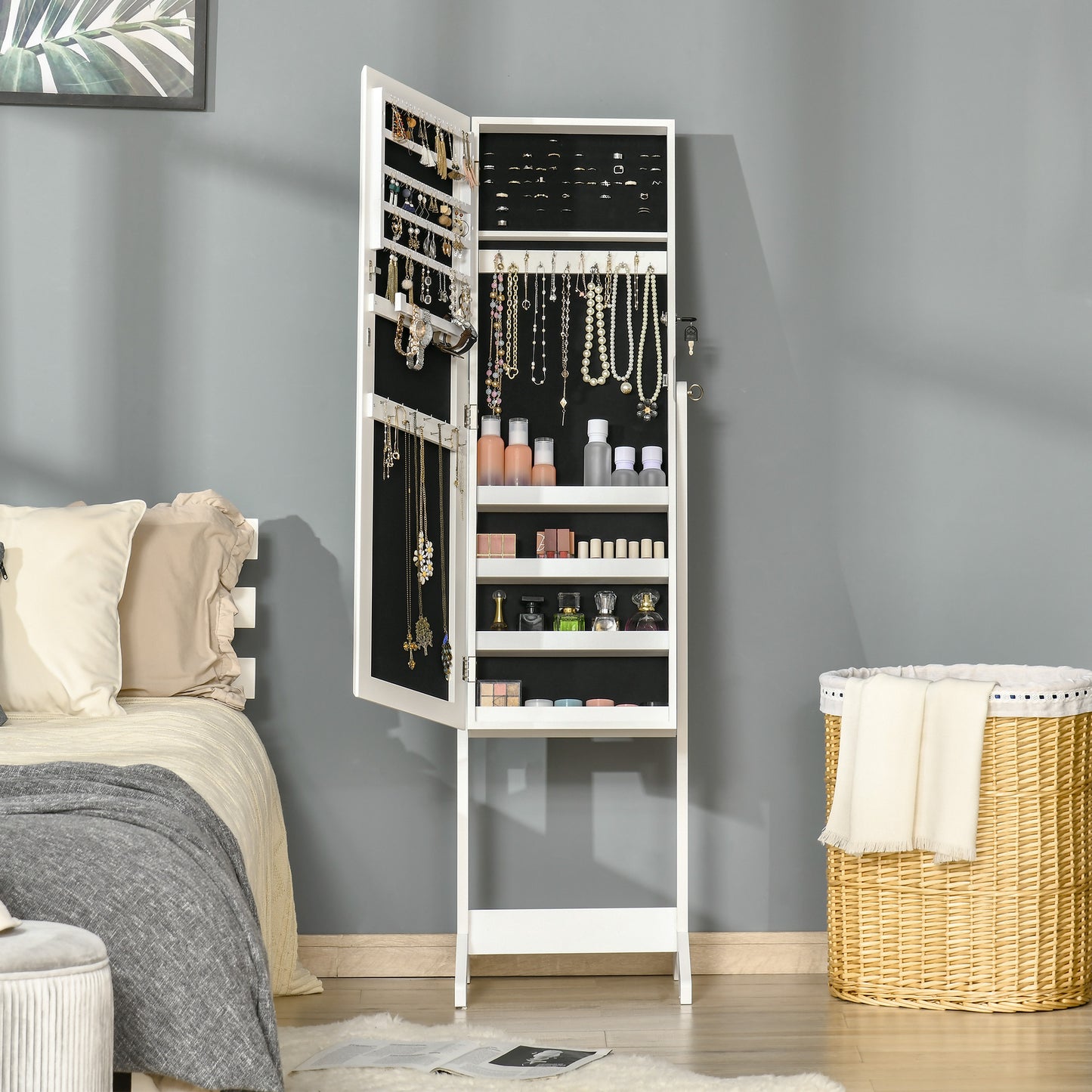 Full Length Mirror with Storage, Jewellery Cabinet with Mirror, Adjustable Angle and Stand