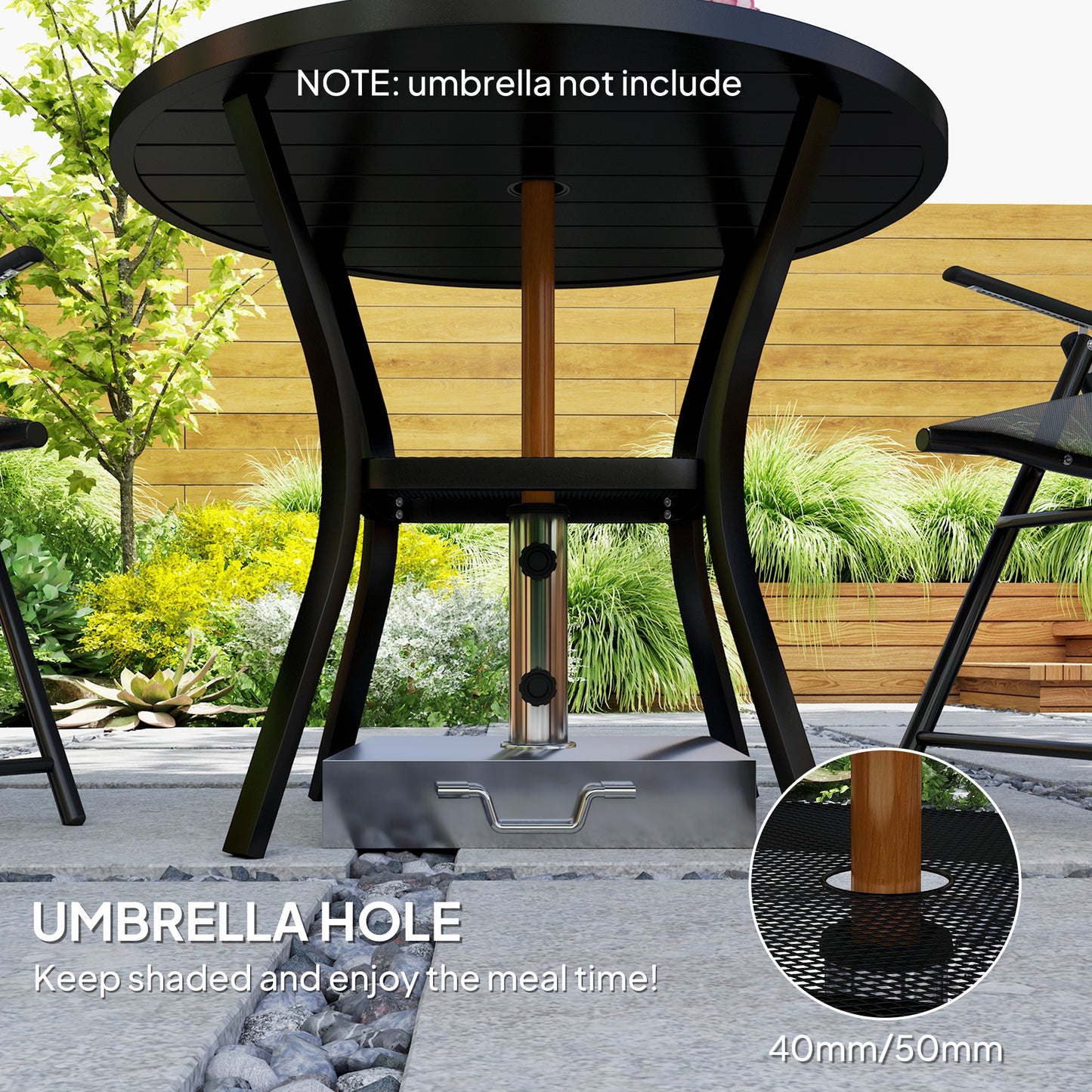 90 cm Garden Dining Table with 4-5 cm Parasol Hole, Round Outdoor Dining Table, Steel Garden Table