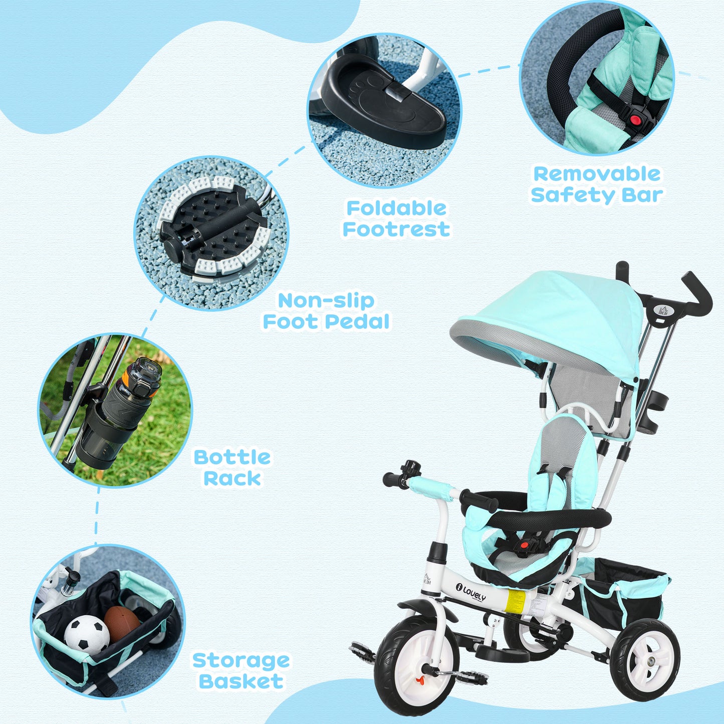 6 in 1 Kids Trike Push Bike w/ Push Handle, Canopy, 5-point Seat Belt, Storage, Footrest, Brake, for 1-5 Years, Green