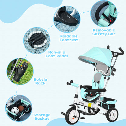 6 in 1 Kids Trike Push Bike w/ Push Handle, Canopy, 5-point Seat Belt, Storage, Footrest, Brake, for 1-5 Years, Green