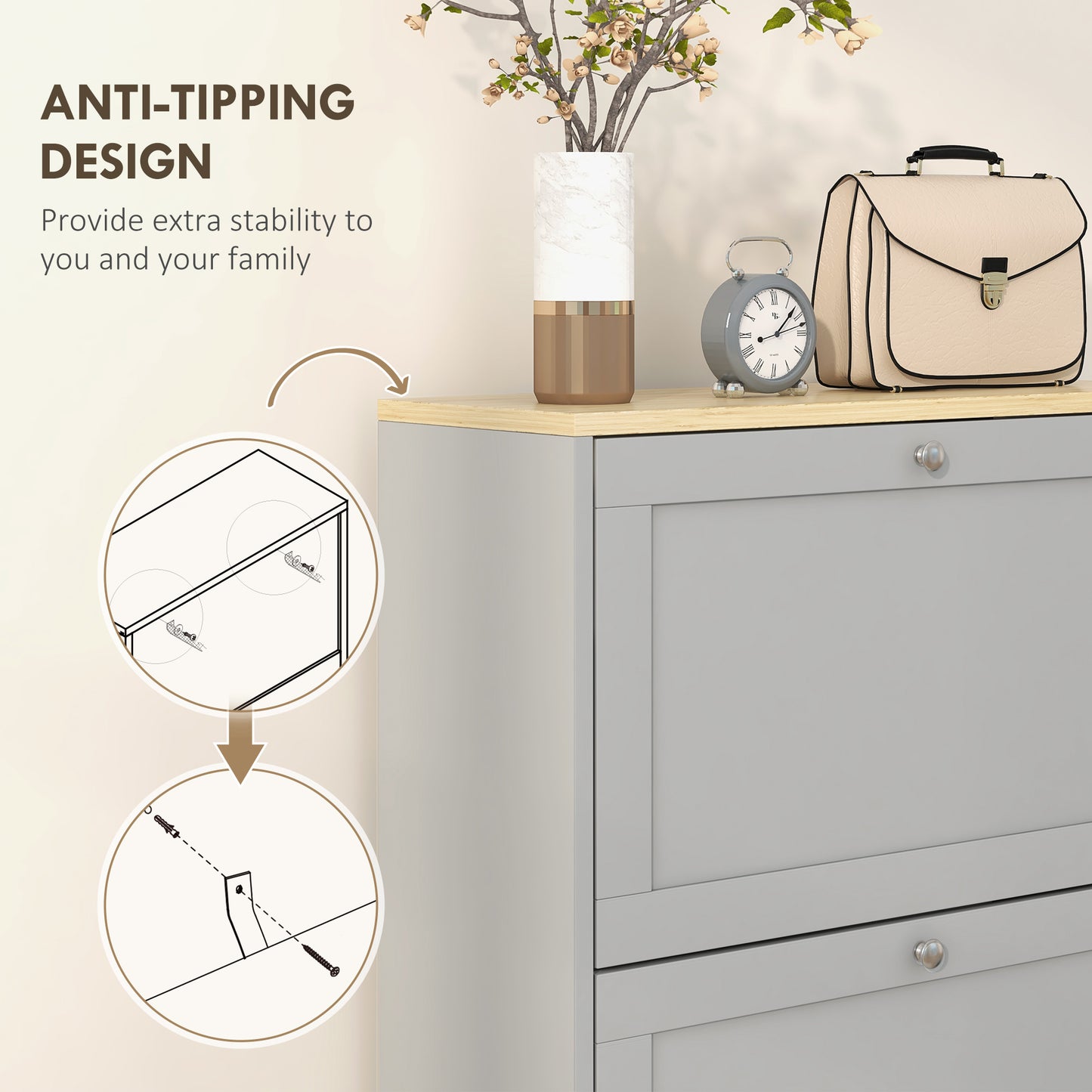 Modern Compact Three-Drawer Shoe Storage Cabinet - Grey