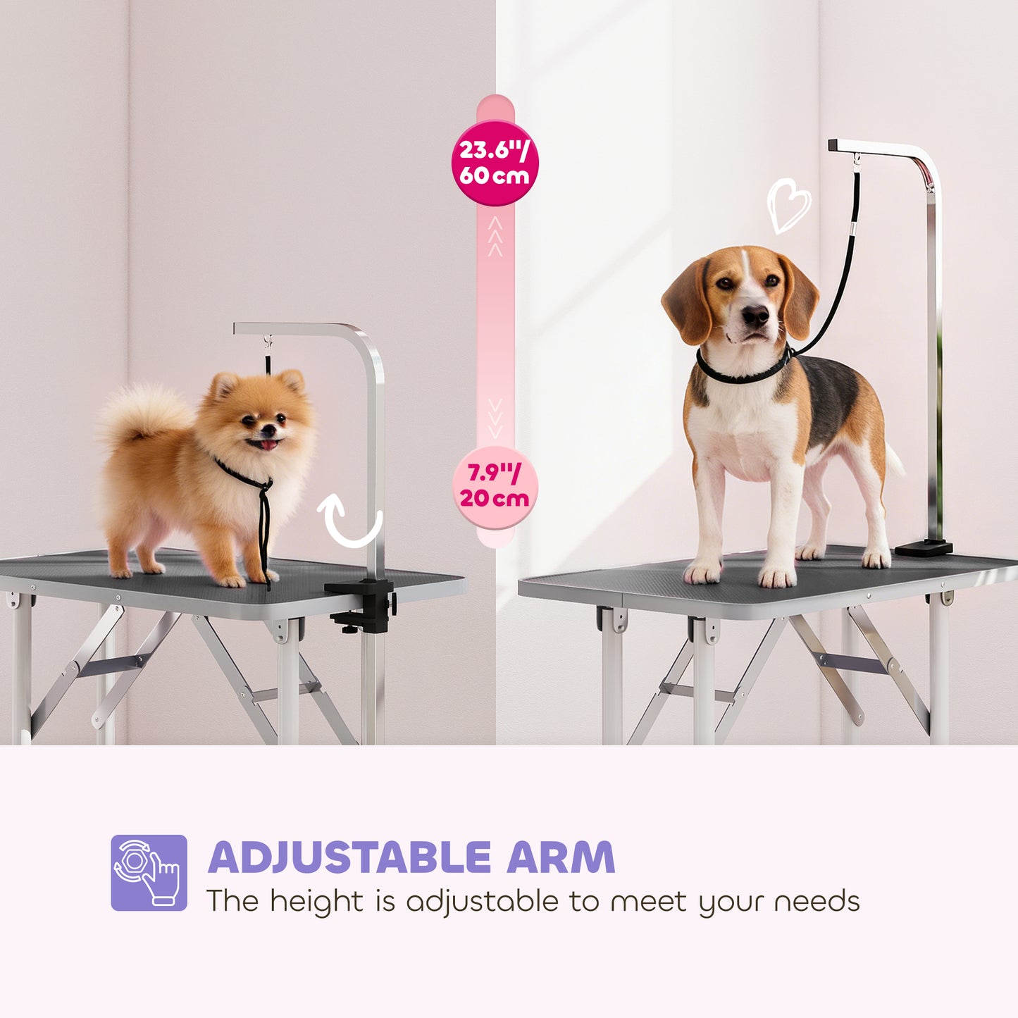 32" Foldable Dog Grooming Table Pet Drying Beauty Table Adjustable Fixed Arm Rubber Top, Black