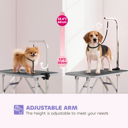 32" Foldable Dog Grooming Table Pet Drying Beauty Table Adjustable Fixed Arm Rubber Top, Black