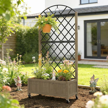 Raised Garden Bed with Metal Trellis, Wooden Elevated Planter Box w/Lockable Wheels, Outdoor Raised Planter, Carbonised