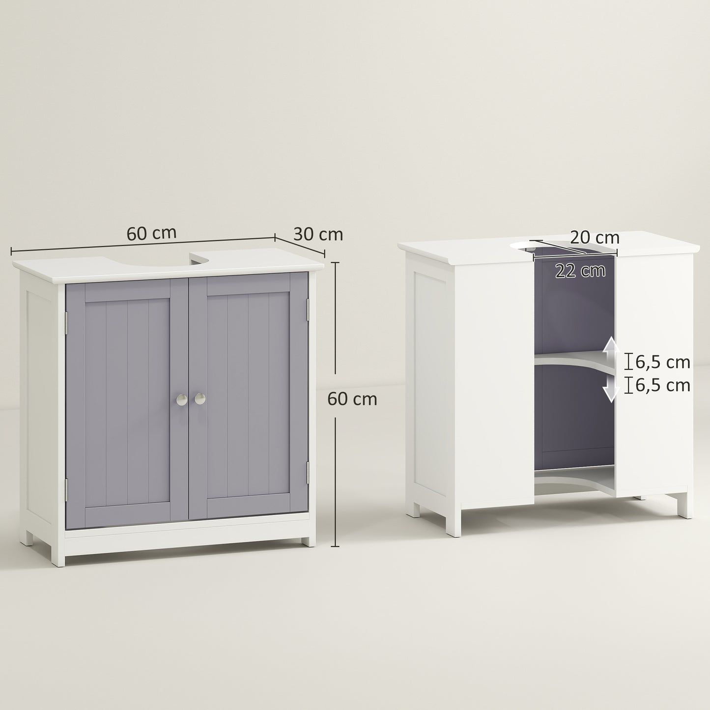 60x60cm Under-Sink Storage Cabinet w/ Adjustable Shelf Handles Drain Hole Bathroom Cabinet Space Saver Organizer White and Gr