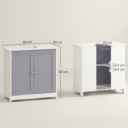 60x60cm Under-Sink Storage Cabinet w/ Adjustable Shelf Handles Drain Hole Bathroom Cabinet Space Saver Organizer White and Gr