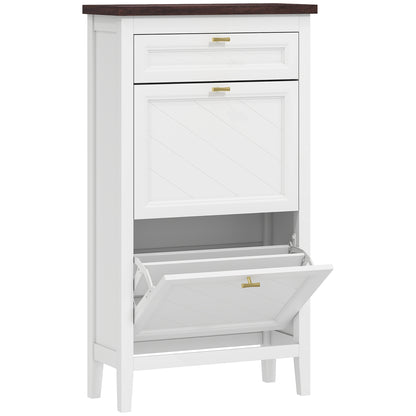 Shoe Cabinet with 2 Flip Drawers, Farmhouse Narrow Shoe Storage Cabinet with Adjustable Shelves, White