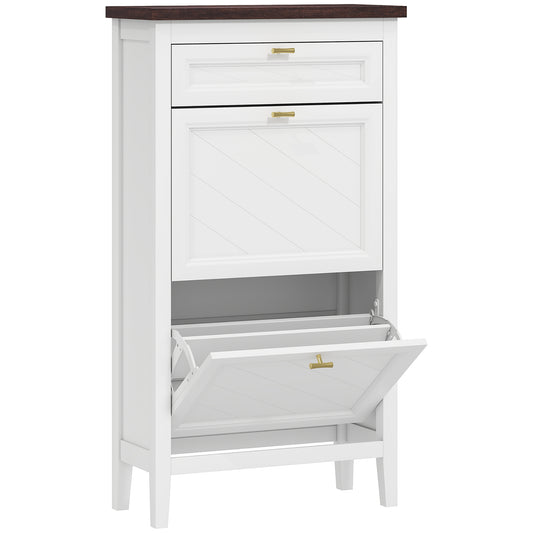Shoe Cabinet with 2 Flip Drawers, Farmhouse Narrow Shoe Storage Cabinet with Adjustable Shelves, White