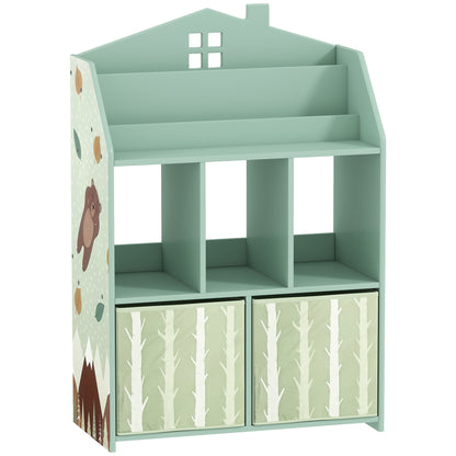 Kids Bookshelf with Storage, Toy Storage Unit with Book Display, Shelves and Fabric Drawers for Playroom Nursery, Green