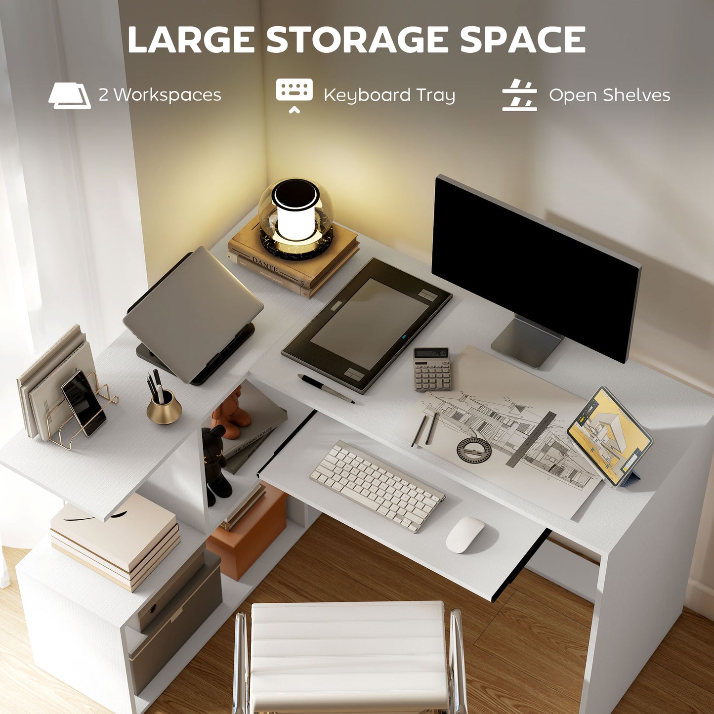 L-Shaped Corner Desk, Computer Desk with Keyboard Tray and Open Shelves, White Wood Effect