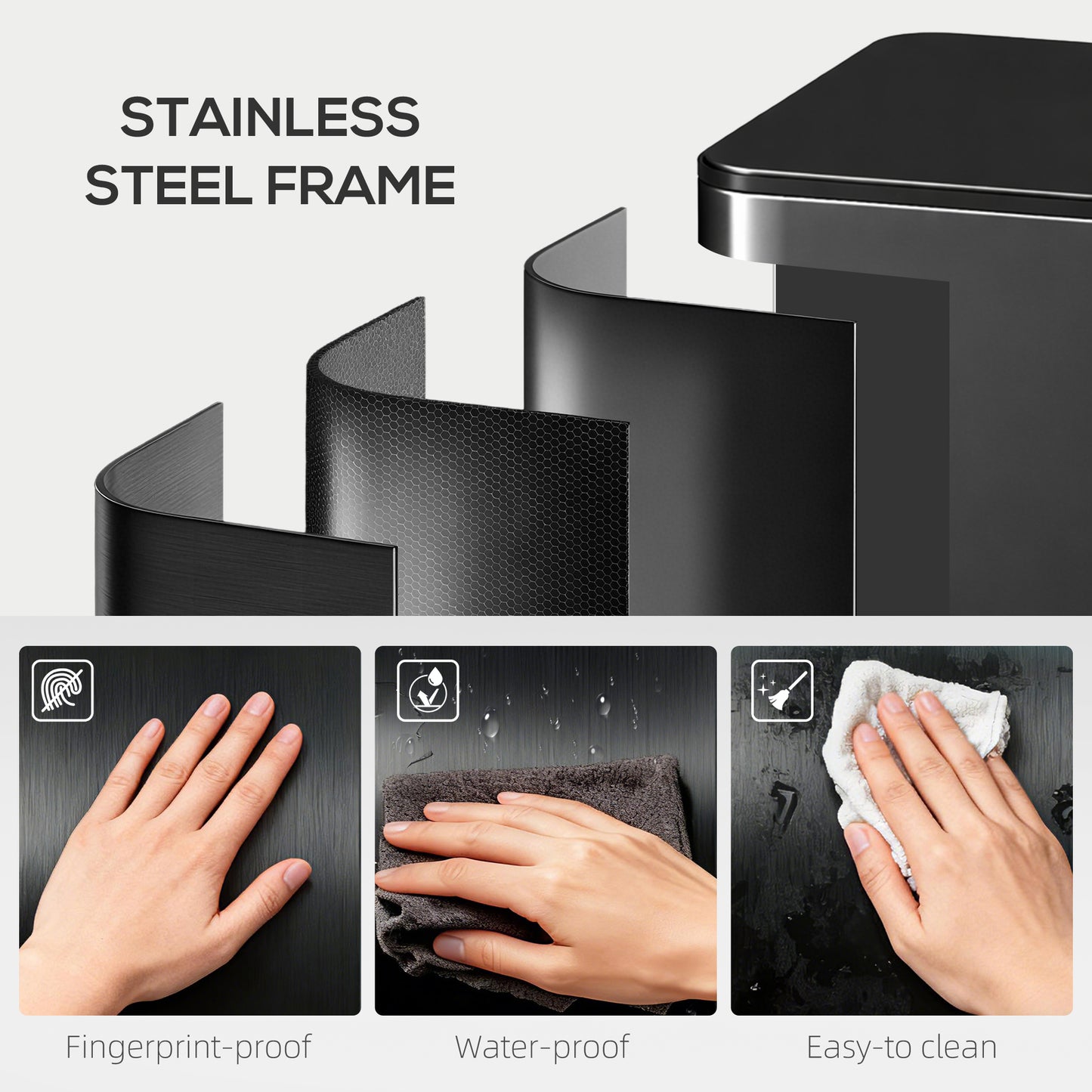 3 x 15L Pedal Bin, Steel Triple Kitchen Bin with Soft Close Lid, Removable Inner Buckets, Fingerprint-Proof, Black