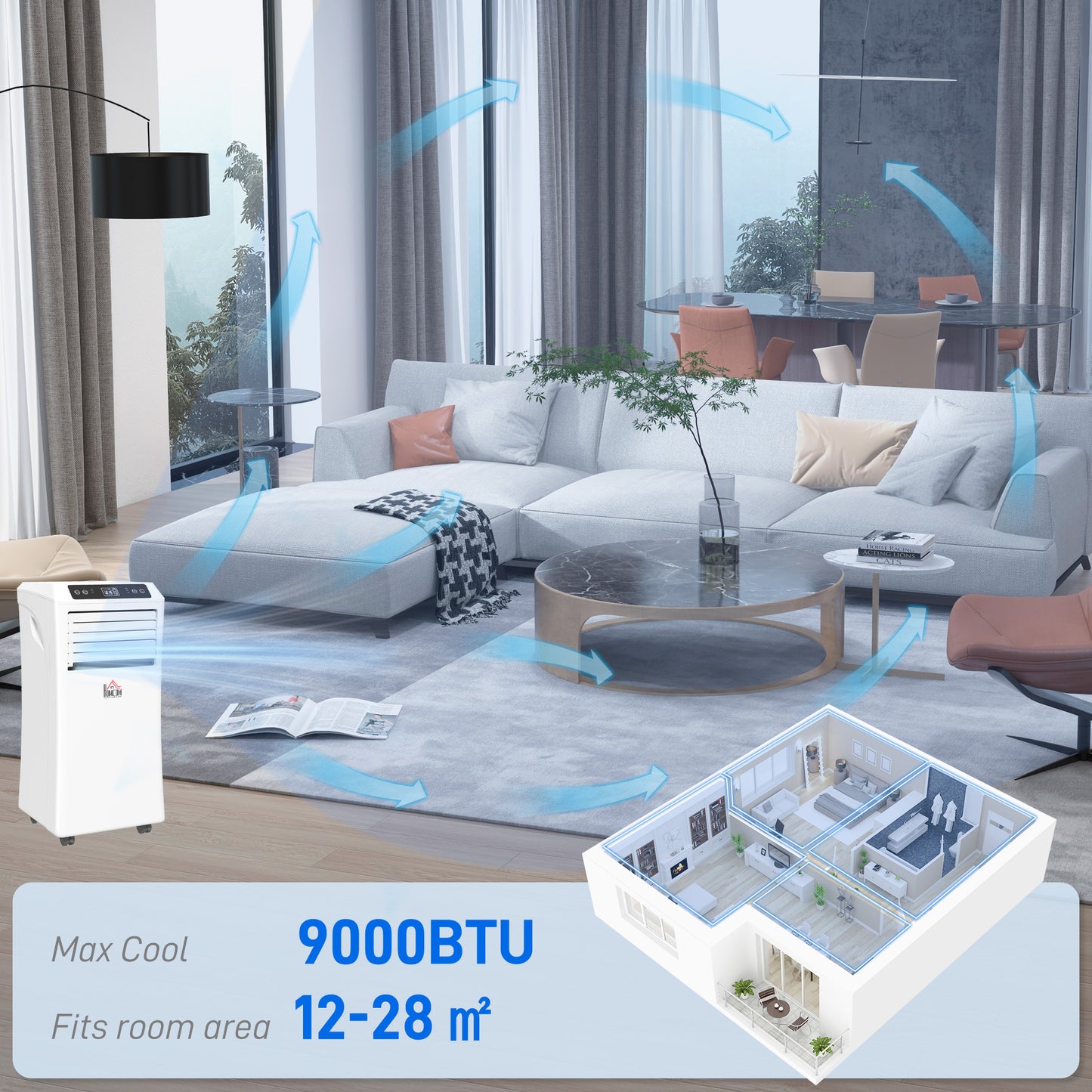 9000 BTU Air Conditioning Unit, 3-in-1 Portable Air Conditioner, Dehumidifier, Cooling Fan with Remote Control
