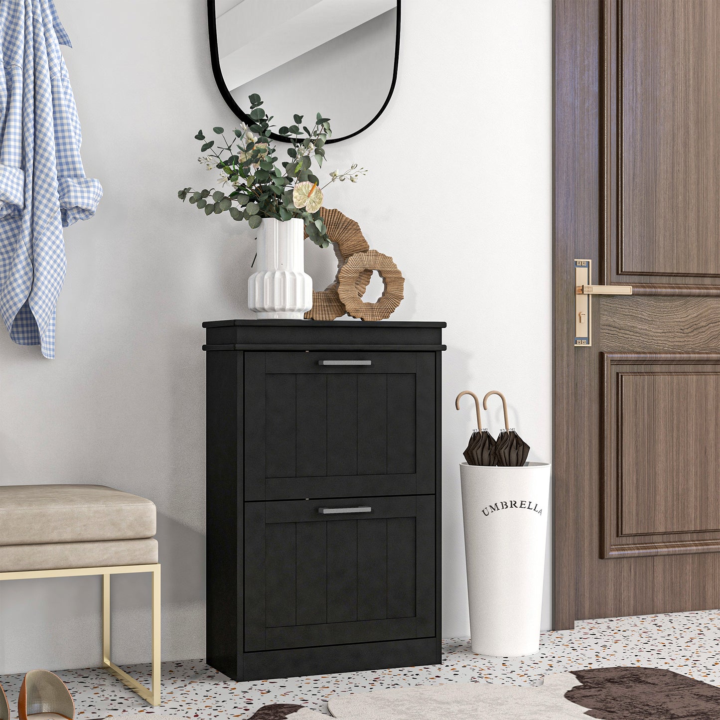 Two-Drawer Minimalistic 10-Shoe Cabinet - Black