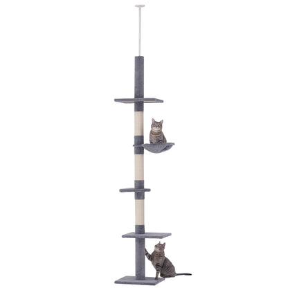 Floor to Ceiling Cat Tree 230-260cm Height Adjustable, 5-Tier Cat Tower with Scratching Posts, Hammock, Perches
