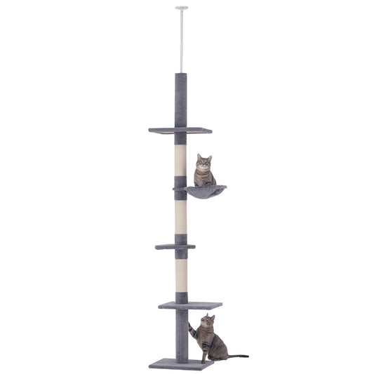 Floor to Ceiling Cat Tree 230-260cm Height Adjustable, 5-Tier Cat Tower with Scratching Posts, Hammock, Perches