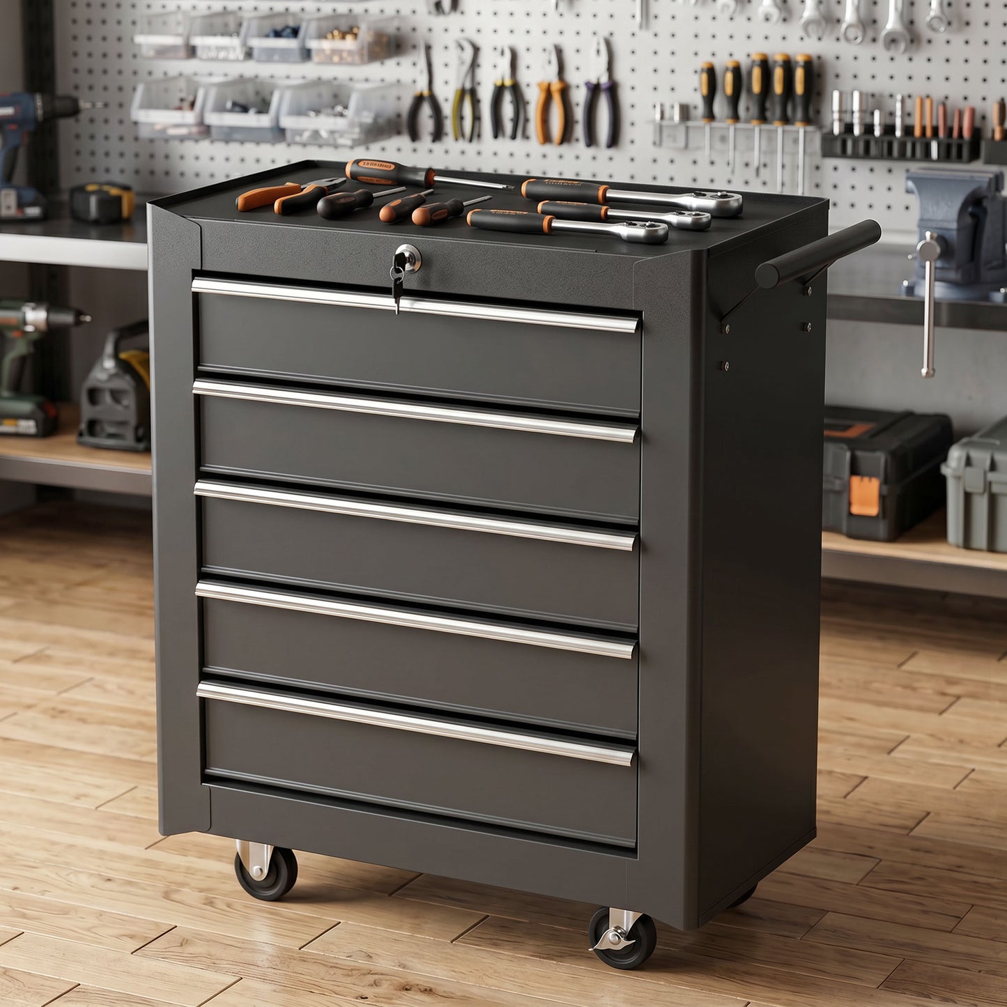 5-Drawer Tool Chest with Wheels, Steel Lockable Tool Storage Cabinet with Handle, 2 Keys for Garage, Workshop, Black