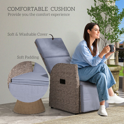 148° Reclining Rattan Garden Armchair, with Footrest - Brown/Grey