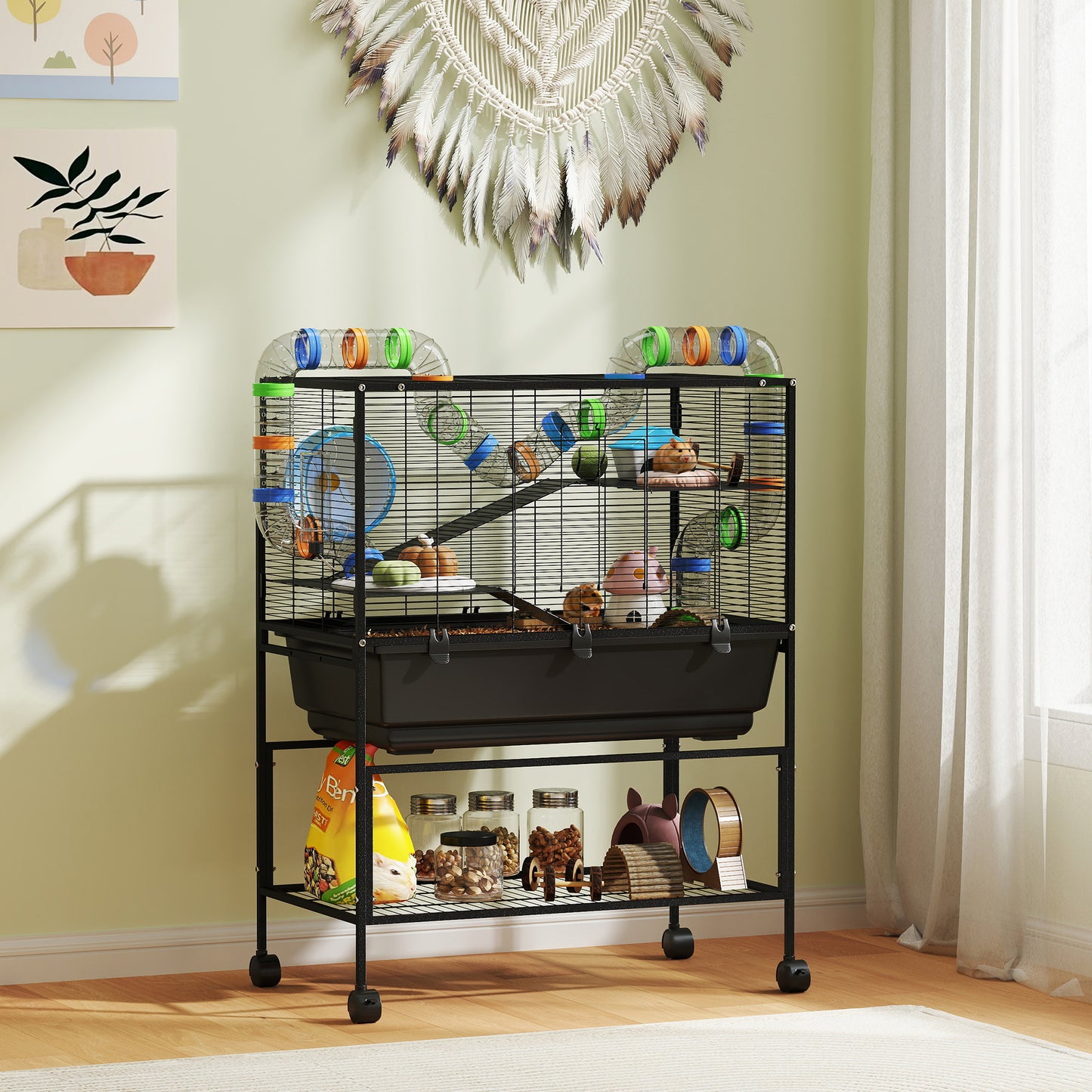 3 Tier Large Hamster Cage on Wheels with 17 cm Deep Tray, Storage Shelf for Syrian, Gerbil, Rats