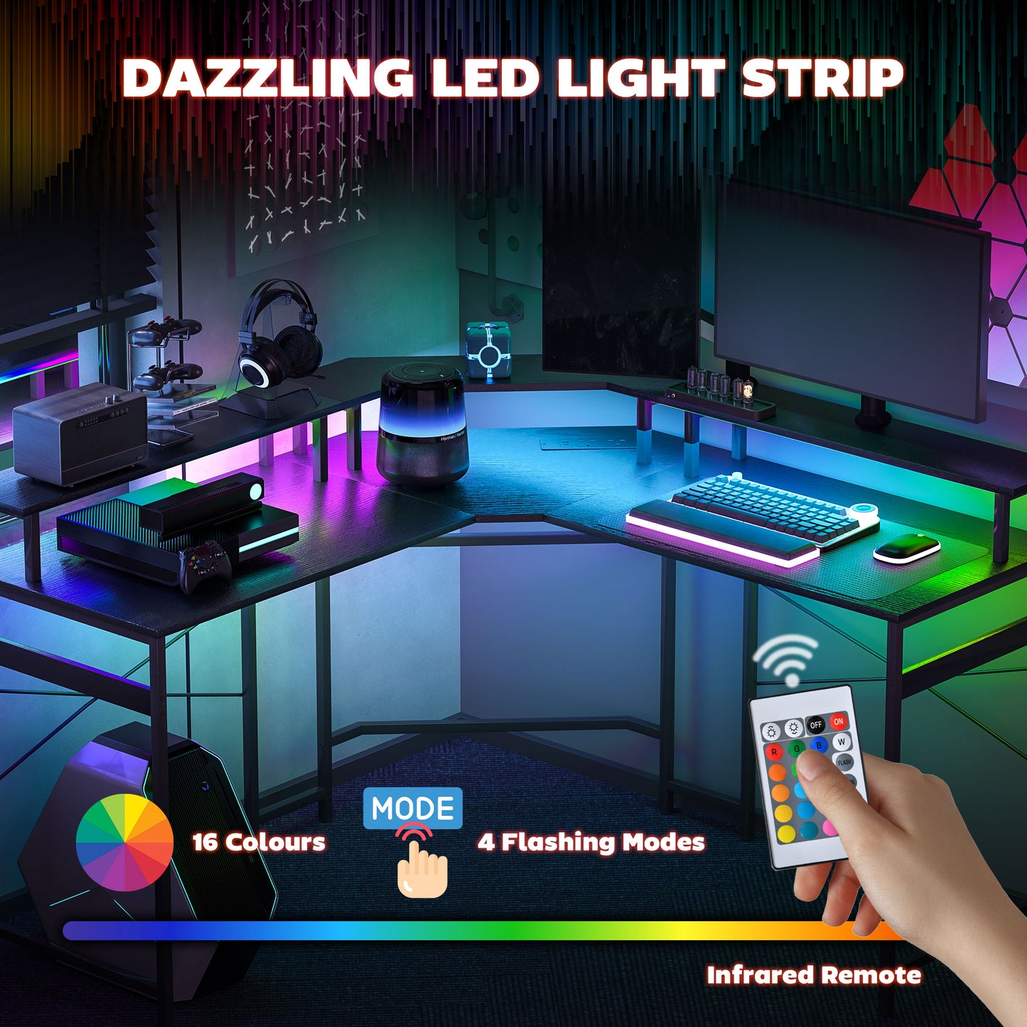'L' Shaped Work Desk, with LED Lights - Black