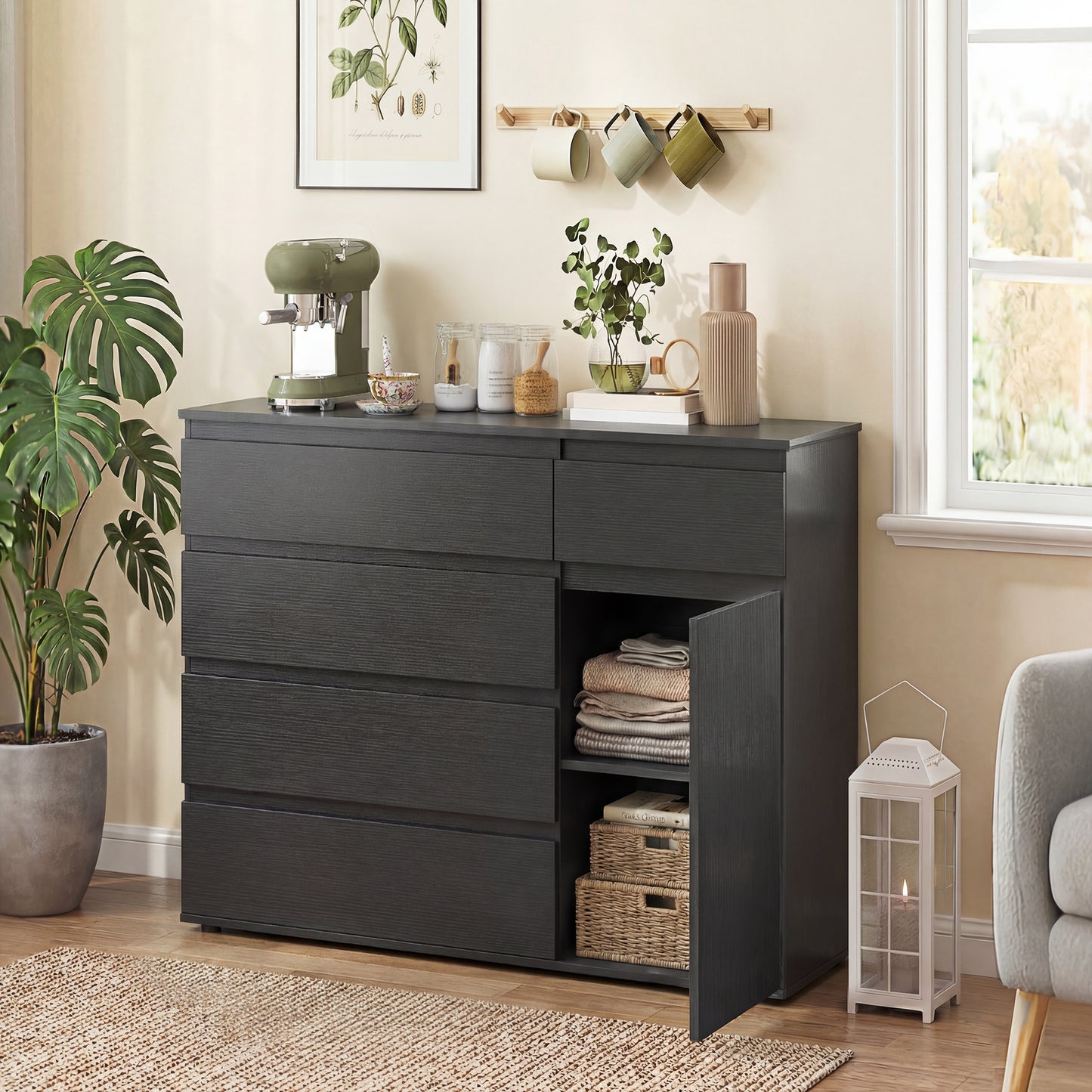 Modern Chest Of Drawers, 5 Drawer Dresser with Adjustable Shelf, Soft-Close Door, Black