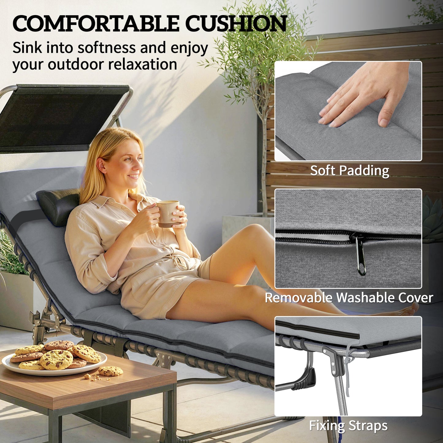 Folding Sun Loungers Set of 2 with Canopy, Reclining Sunbed with Cushion, Side Pocket, Carrying Handle, Light Grey