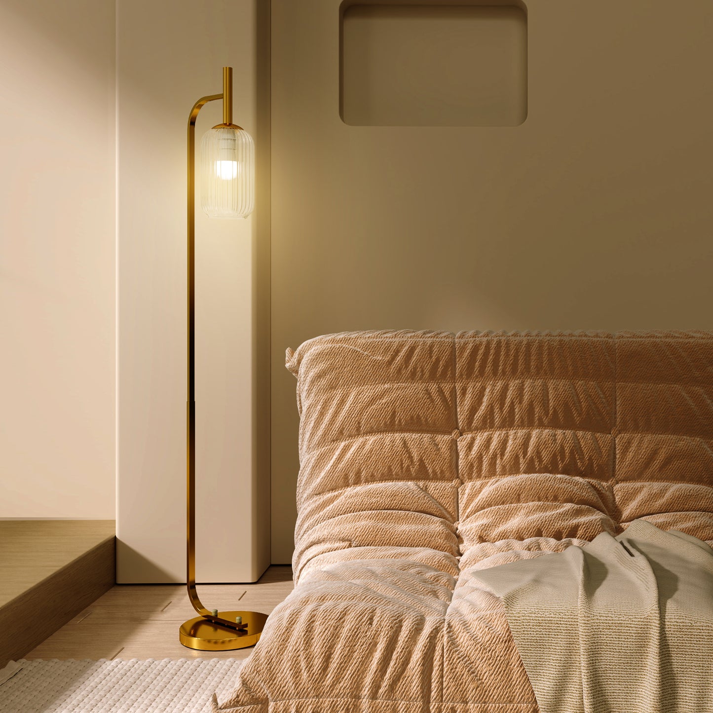 LED Floor Lamp for Living Room with Glass Lampshade, Modern Standing Lamp with Foot Switch, Adjustable Brightness
