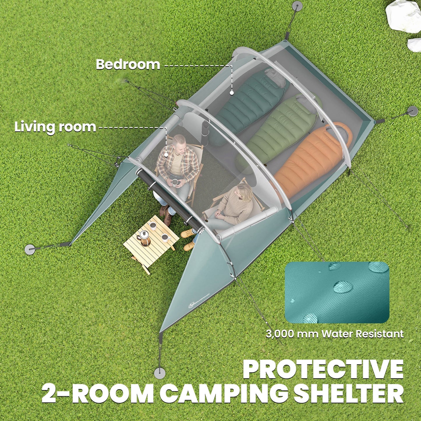 Three-Man, 3000mm Water-Resistant Two-Room Tunnel Tent - Green