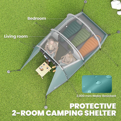 Three-Man, 3000mm Water-Resistant Two-Room Tunnel Tent - Green