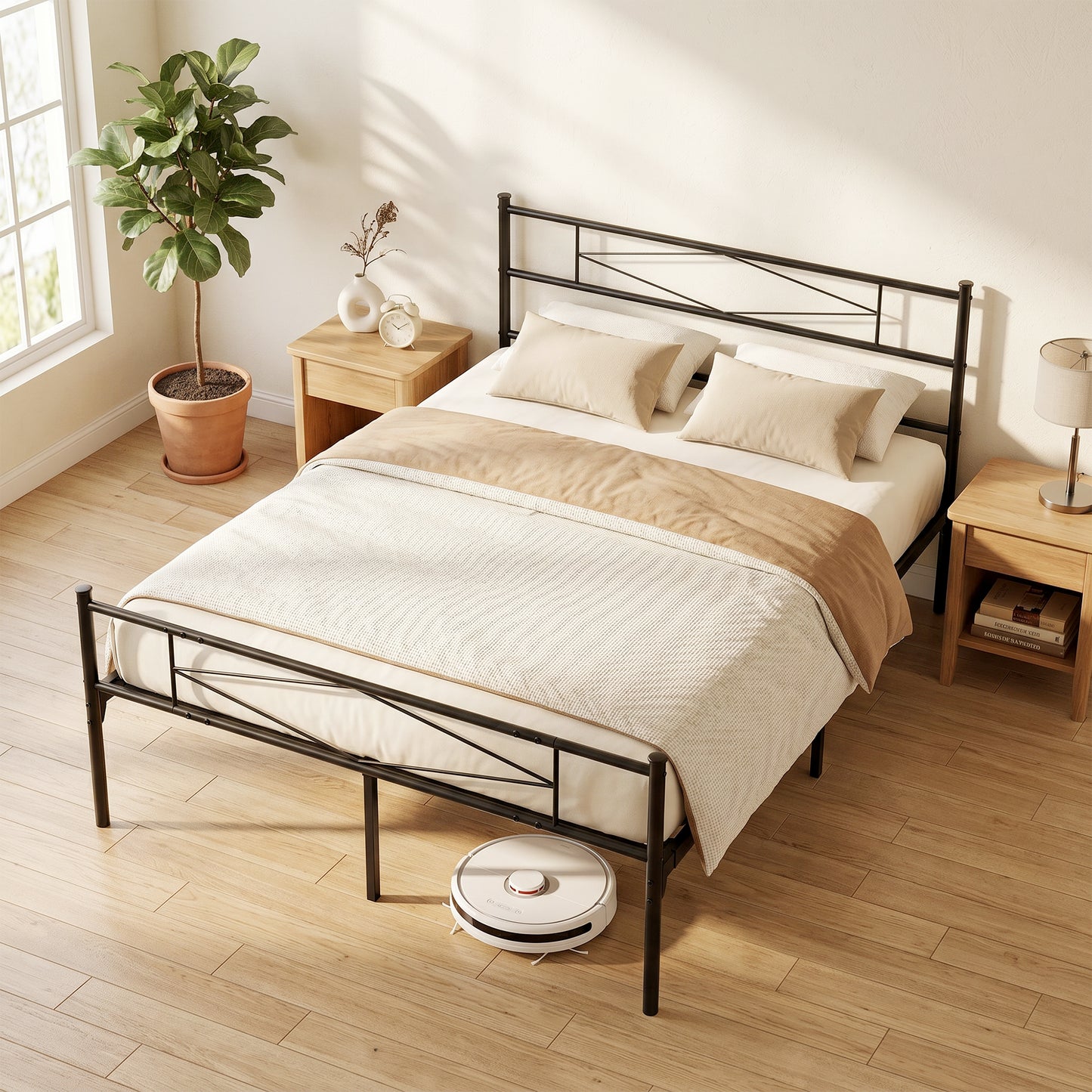 4ft6 Double Bed Frame with Headboard and Footboard, Metal Platform Bed Frame with 32 cm Underbed Storage, Black