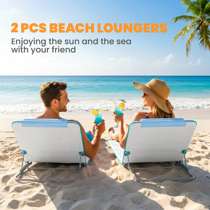 Set of 2 Foldable Garden Beach Chair Mat, Lightweight Outdoor Sun Lounger Seats with Adjustable Back, Metal Frame