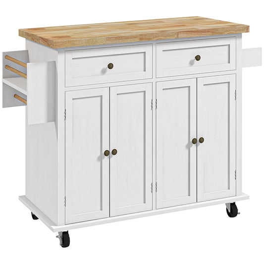 Rolling Kitchen Island Storage Trolley with Rubber Wood Top & Drawers for Dining Room, White