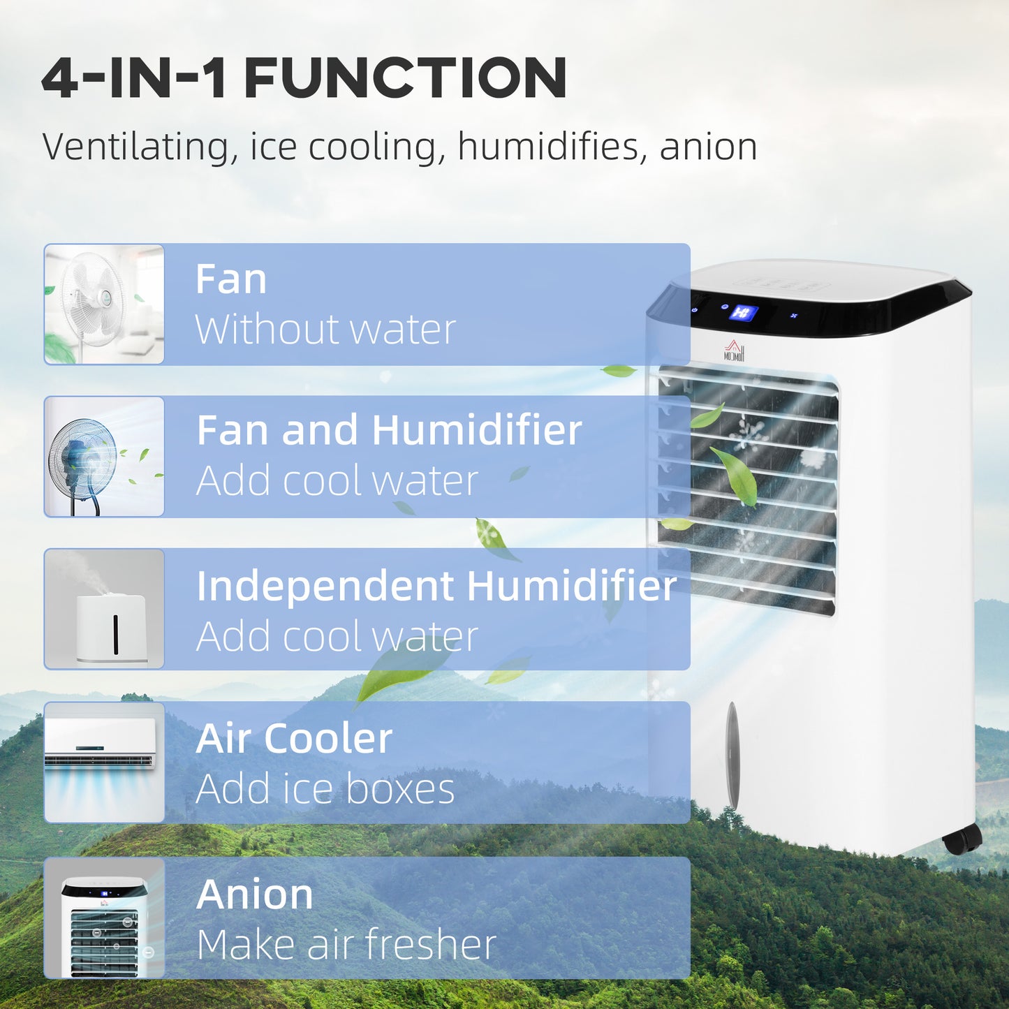 Portable Air Cooler, Evaporative Anion Ice Cooling Fan Water Conditioner Humidifier Unit with 10L Water Tank, 3 Modes