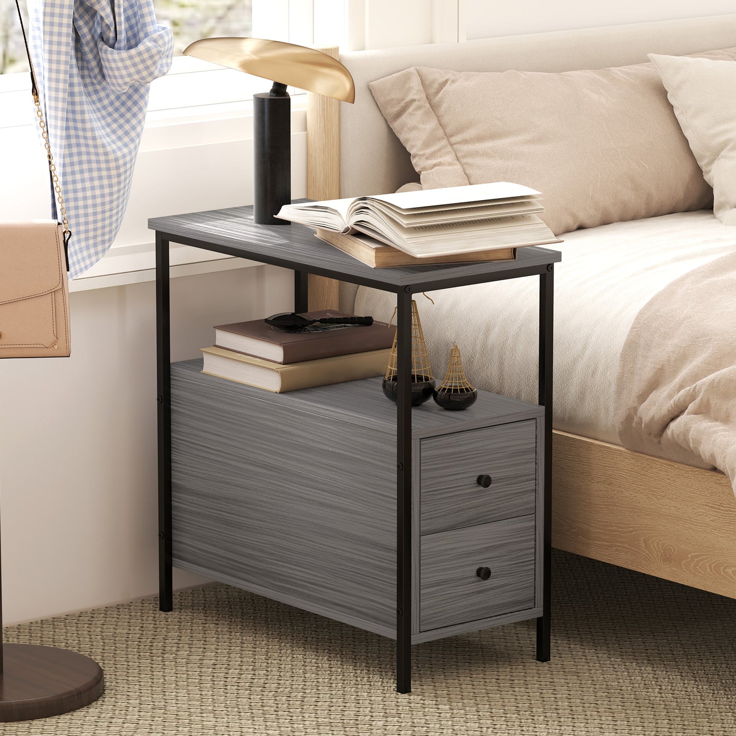 Side Table, Narrow Bedside Table with 2 Drawers and Storage Shelf, Industrial End Table with Metal Frame for Small Spaces