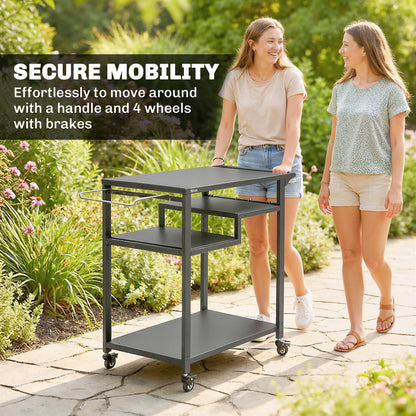 Outdoor Grill Cart, Three-Tier Pizza Oven Stand with Steel Tabletop, Hooks, Rubbish Bag Holder, Wheels, Black