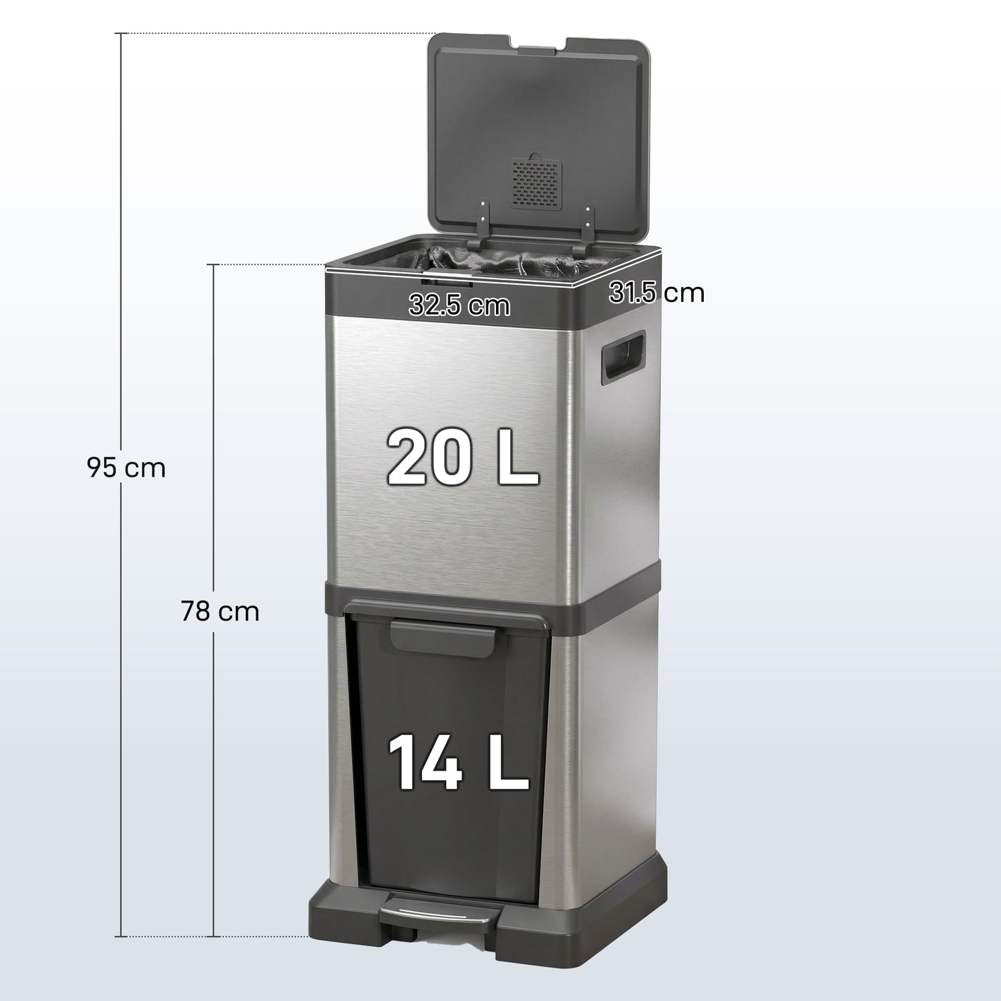 34L Double Compartment Kitchen Bin, with Soft-Close Lid