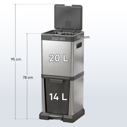 34L Double Compartment Kitchen Bin, with Soft-Close Lid