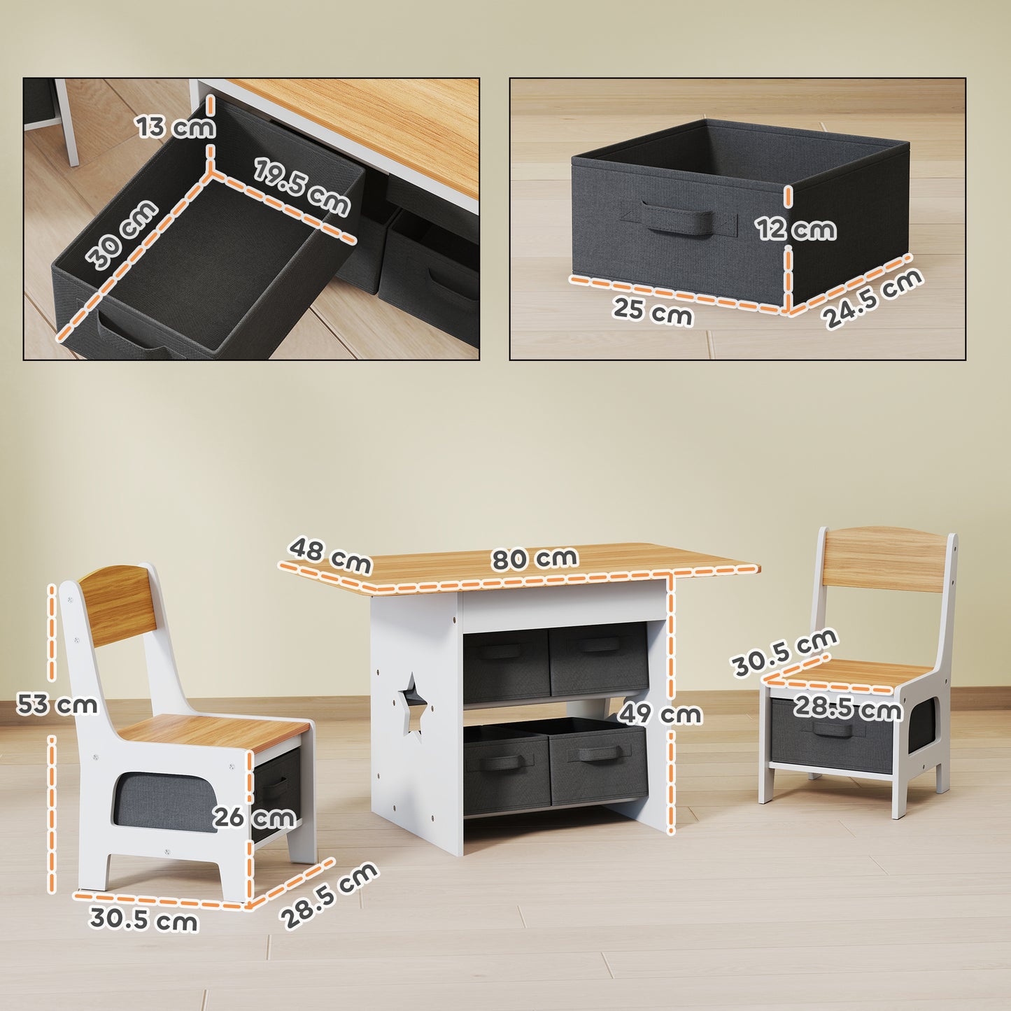Kids Table and Chair Set, Toddler Table and 2 Chairs Set with 6 Removable Drawers, for Boys Girls Ages 3-8, Natural