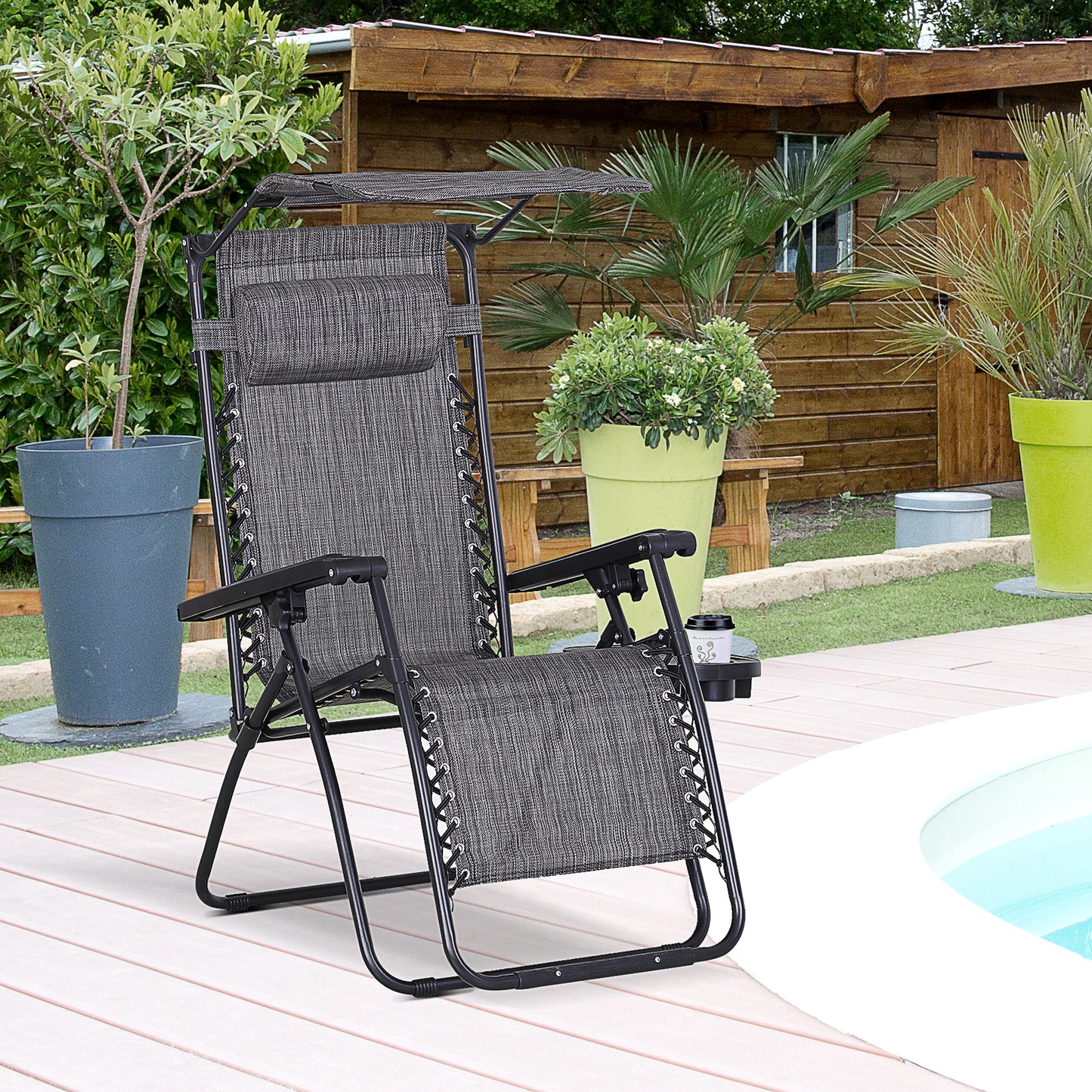 Foldable Reclining Garden Chair with Headrest, Zero Gravity Deck Sun Lounger Seat Chair with Footrest, Armrest