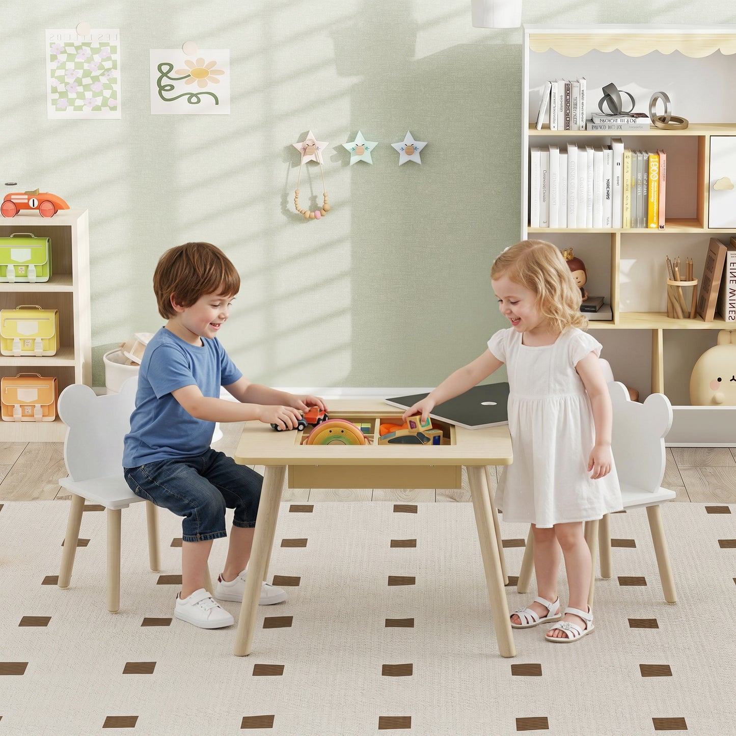 3-Piece Kids Table and Chairs Set with Convertible Desk and Storage Grid, Kids Activity Table for Nursery, Playroom