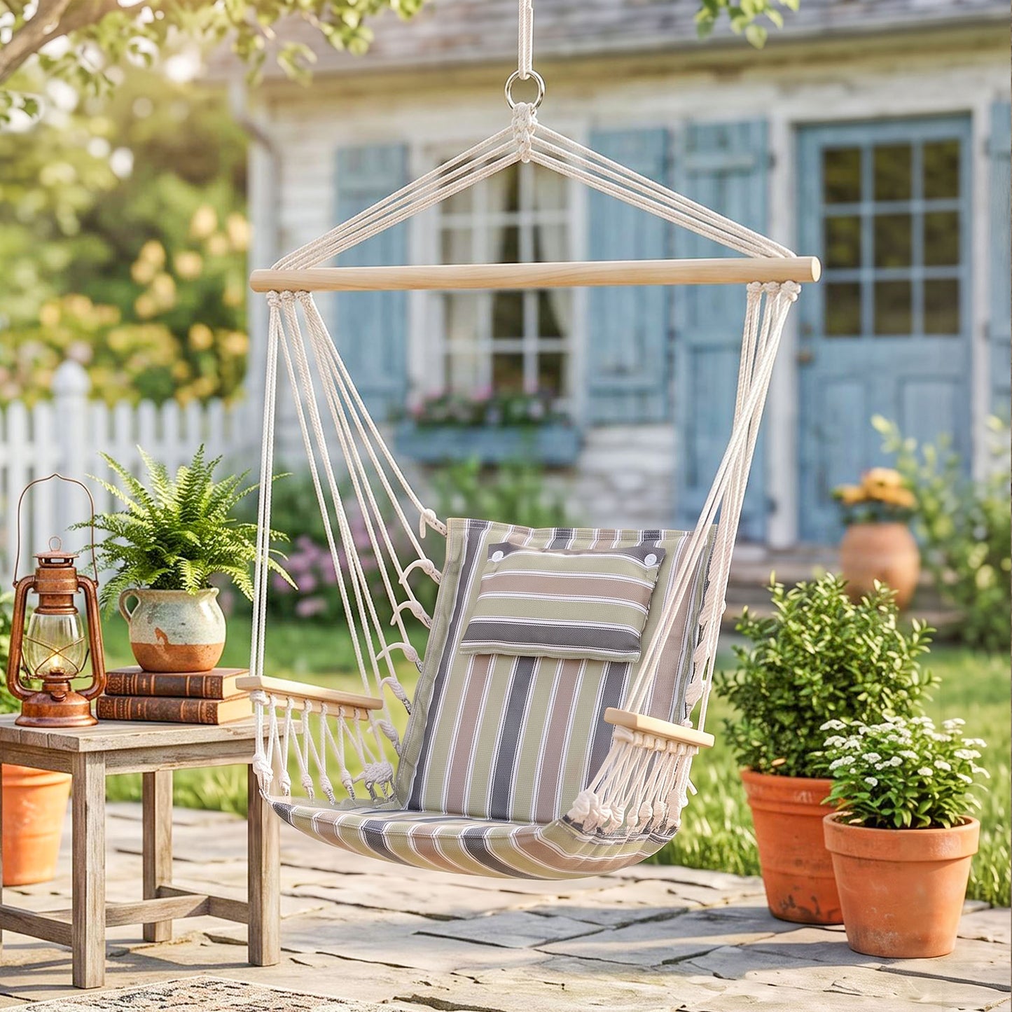 Garden Outdoor Hanging Hammock Chair Thick Rope Frame Wooden Arms Safe Garden Outdoor Spot Stylish Multicoloured stripes
