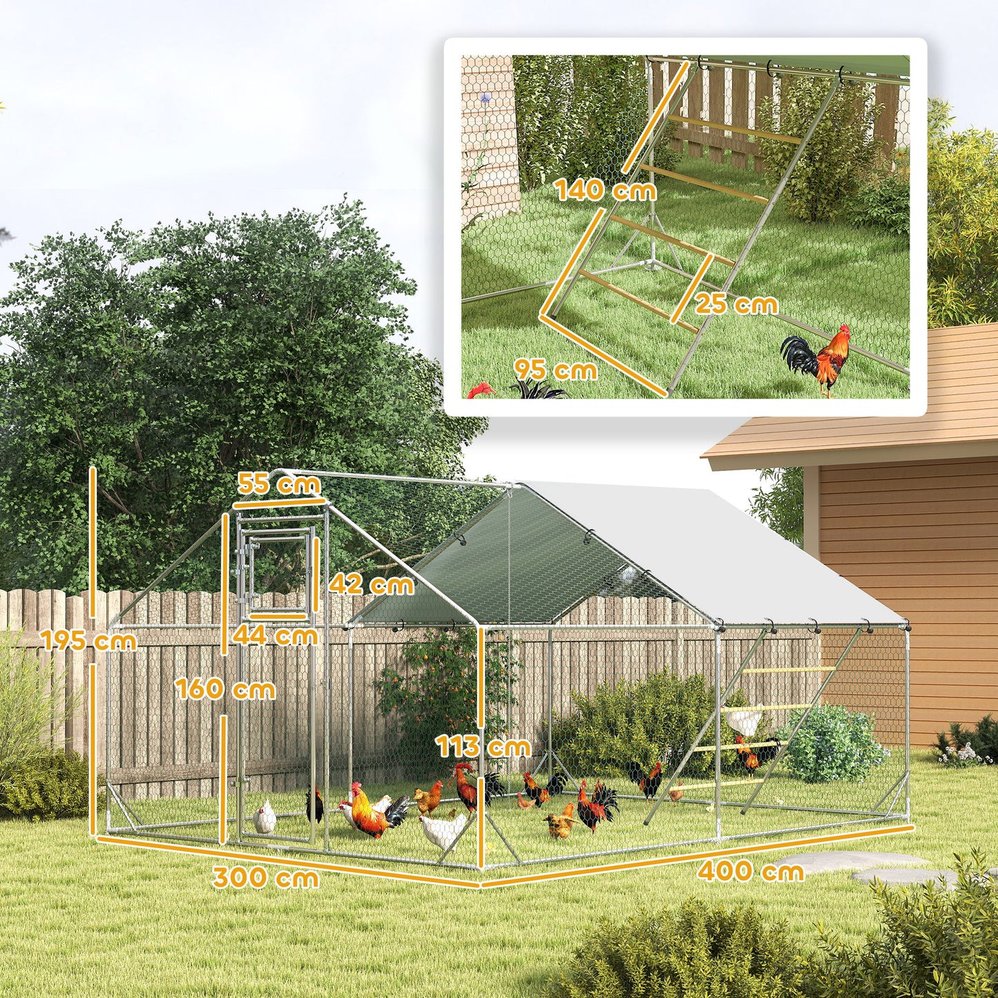 Walk-in Chicken Run w/ Cover, Feeding Door, Hanging Feeder, Perch, for 12-18 Poultry