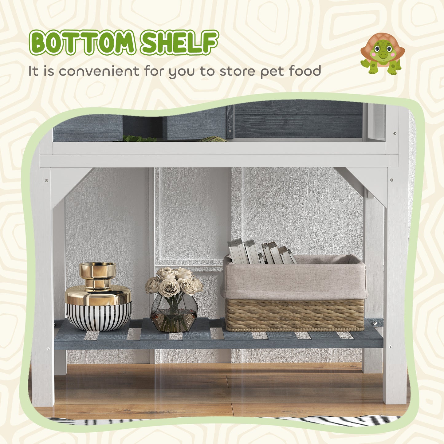 Wooden Tortoise House with Storage Shelf, Clear Observation Windows, Lamp Holder, Openable Top, Built-in Tray, Grey