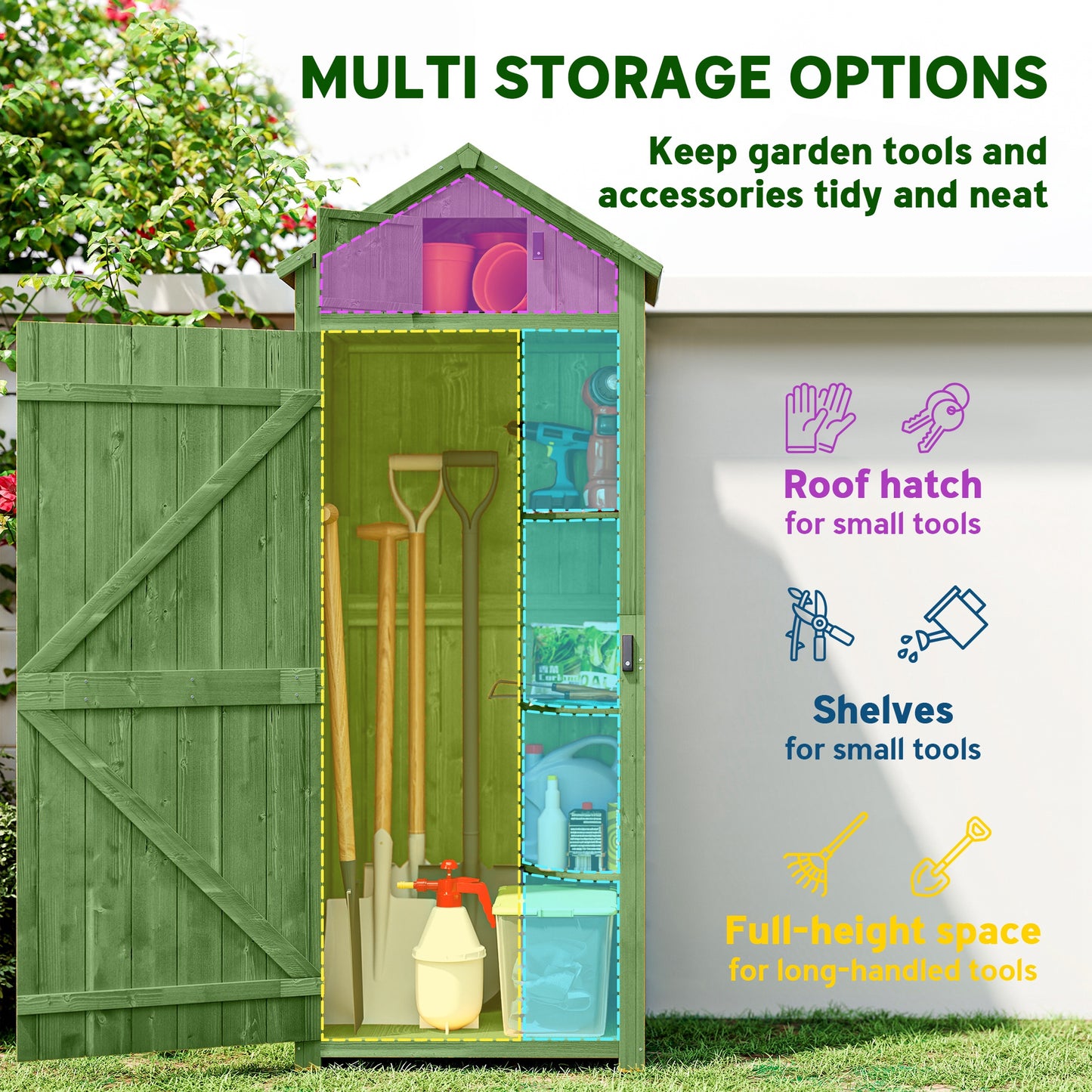 Small Shed, Tall Slim Wooden Garden Shed with 3 Removable Shelves and Roof Hatch